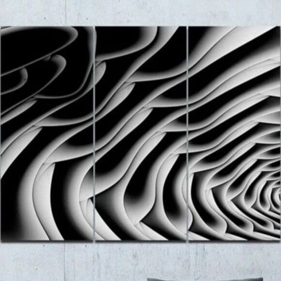 3 Panel Fractal Abstract Floral Wall Art - Black/White Abstract Art ~36"x28" - Picture 1 of 7